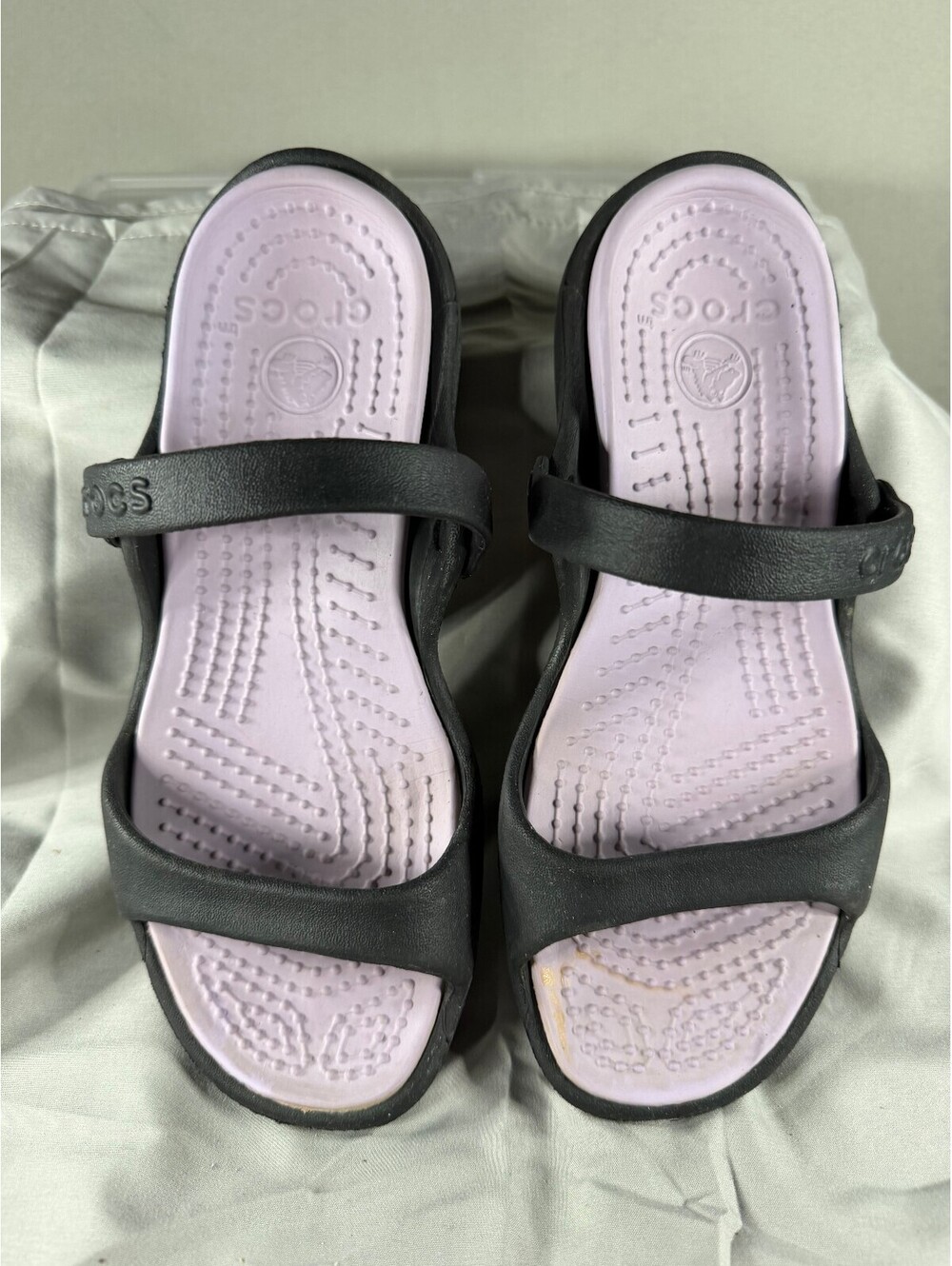 Crocs Women's Black and Lavender Slip On Sandals Size 7